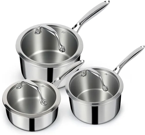 Vista 10 de EWFEN Juego de sartenes de acero inoxidable de 3 capas con tapas, olla multiusos de 1 y 2 cuartos de galón, mango que se mantiene fresco, horno