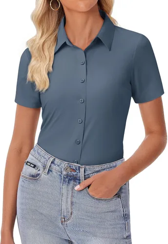 Vista 15 de siliteelon Camisa de vestir con botones para mujer, ajustada, elástica, de manga corta, sin arrugas, sólida, formal, para el trabajo