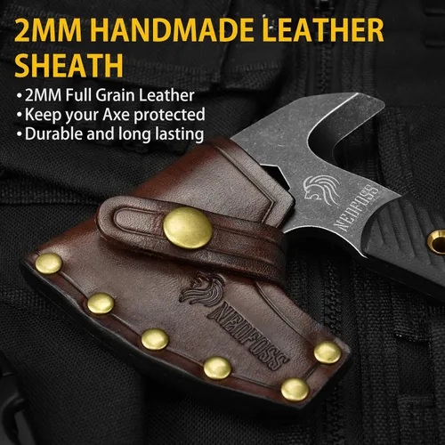 Vista 3 de NedFoss Bison Hacha táctica de hacha de 9.8 pulgadas, hacha Tomahawk con funda de cuero genuino y mango G10, equipo de campamento compacto con hacha