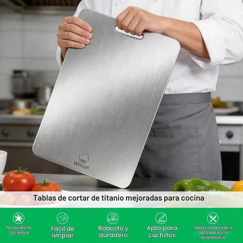 Vista 2 de Juego de 3 tablas de cortar de titanio 100% puro para cocina, tablas de cortar de titanio de doble cara, áreas separadas de alimentos crudos