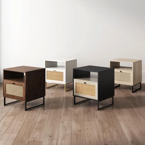 Vista 10 de Nathan James Mina Mesa auxiliar lateral de acento de madera de ratán con almacenamiento para sala de estar o dormitorio, 1, roble negro/negro