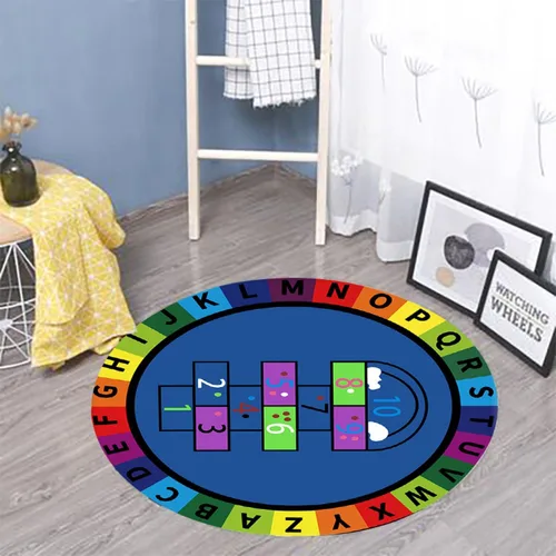 Vista 2 de Alfombra redonda para sala de juegos para niños, 3 pies, con letras coloridas del número ABC, alfombra de preescolar para guardería, aula, alfombra