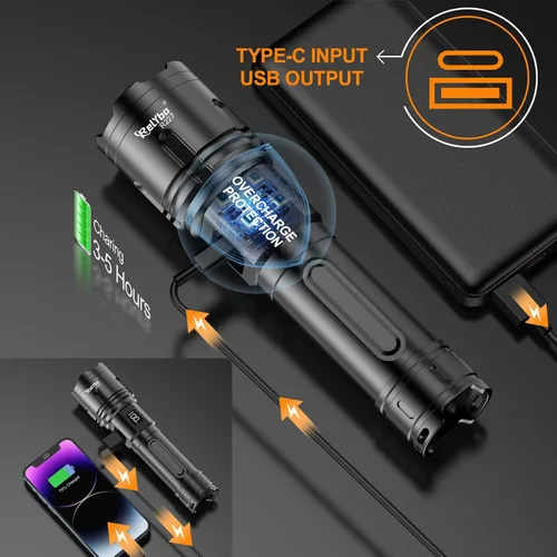 Vista 9 de Relybo - Linternas recargables de alto lúmenes, linterna LED de 100000 lúmenes Super Bright High Powered Flashlights, Long Rang 5000 FT, 2 Switch