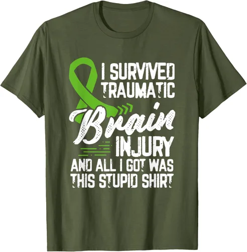 Vista 37 de Camiseta traumática con cinta verde para concienciación de lesiones cerebrales traumáticas I survived TBI, Negro, S