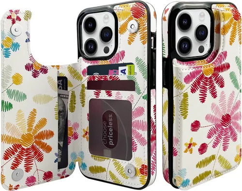 Vista 9 de Funda de piel con tapa para tarjetas compatible con iPhone 13 Pro de 6.1 pulgadas, para mujeres y niñas con tarjetero con función atril, doble