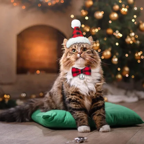 Vista 6 de DULEFUN - 3 disfraces de Navidad para perro, diseño clásico de búfalo a cuadros Dog's Christmas Outfit Clothes Bandana Hat Bowtie Scarf Kerchief