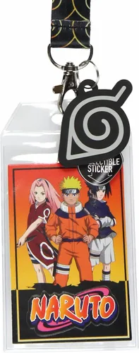 Vista 2 de Naruto Classic Sasuke Sakura y Naruto - Soporte para tarjetas de identificación con colgante de goma y calcomanía coleccionable