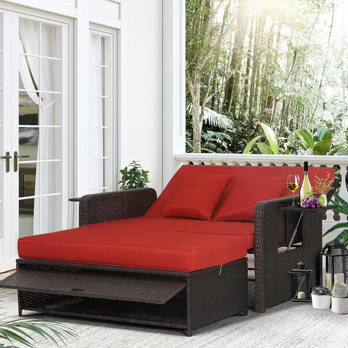 Vista 11 de LDAILY Moccha - Sofá cama para exteriores, sofá biplaza de mimbre con respaldo ajustable de 4 posiciones, otomana de almacenamiento, cojines Beige