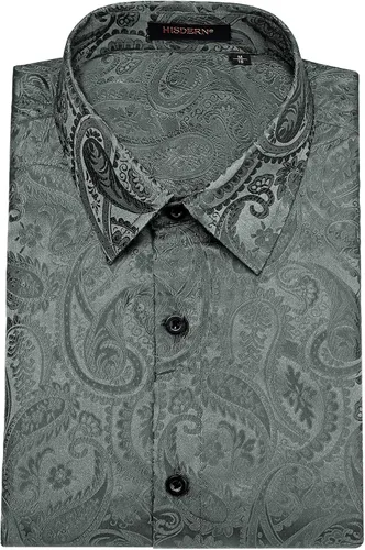Vista 6 de HISDERN Camisas de vestir de satén brillante para hombre, de lujo, floral, jacquard, de manga larga, a la moda, para bodas, fiestas, bailes
