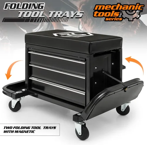 Vista 8 de M-AUTO Taburete Mecánico Rodante Taburete de Caja de Herramientas de Garaje Asiento de Cofre de Herramientas con Ruedas, Capacidad de 350 LBS