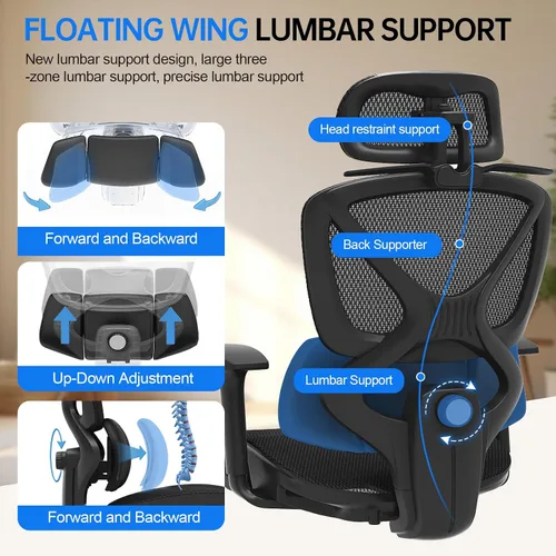 Vista 3 de Freepub Silla de oficina ergonómica de malla, silla de escritorio para el hogar, cómoda con soporte lumbar ajustable, reposacabezas y reposabrazos