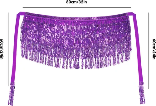 Vista 6 de WULIQIUQIU Bufanda de cadera para danza del vientre, falda de baile con flecos y lentejuelas, disfraz de festival de música rave para niñas