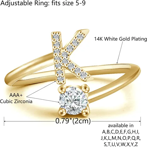 Vista 2 de Haoze Anillo de letra inicial para mujeres y niñas, anillos apilables dorados del alfabeto con inicial de cristal ajustable incrustada inicial