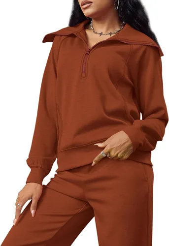 Vista 5 de XIEERDUO Conjuntos de descanso para mujer 2023 sudadera de gran tamaño con media cremallera y pantalón deportivo de pierna ancha de 2 piezas