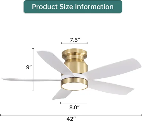 Vista 4 de Sofucor Ventilador de techo con luces, ventilador de techo de montaje empotrado de 42 pulgadas con luz y control remoto, aspas ABS de perfil bajo