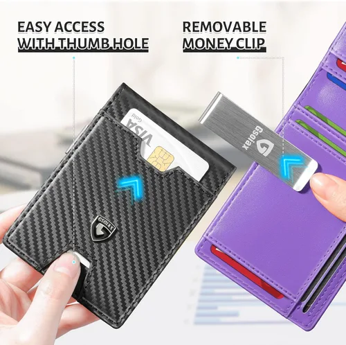 Vista 5 de GSOIAX Billetera delgada para hombre con clip para dinero, bloqueo RFID, minimalista, de piel auténtica, de fibra de carbono, 11 ranuras