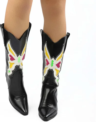 Vista 4 de Botas vaqueras bordadas estilo vaquero para mujer, botas de media pantorrilla, botas de tacón grueso