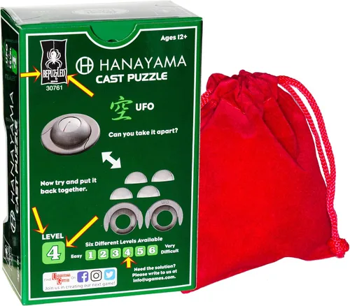 Vista 6 de UFO Hanayama Brain Teaser rompecabezas, nueva versión 2019, clasificación de dificultad de nivel 4, bolsa de terciopelo rojo con cordón, paquete