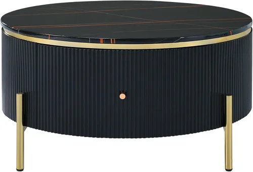 Vista 7 de Mesa de centro redonda moderna con 2 cajones grandes para sala de estar, color negro (31.5 pulgadas)