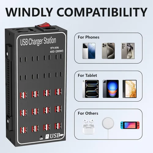 Vista 4 de Estación de Carga USB Múltiple, RUANSZZ 40 Puertos 200 Vatios (40A) Bloque Cargador USB-C con Interruptor de Alimentación, Estación de Carga