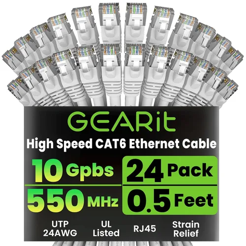 Vista 51 de GEARit Paquete de 24 cables Ethernet Cat6 de 0.5 pies Cable de conexión de red RJ45, conectores chapados en oro sin enganches de 10 Gbps, cable