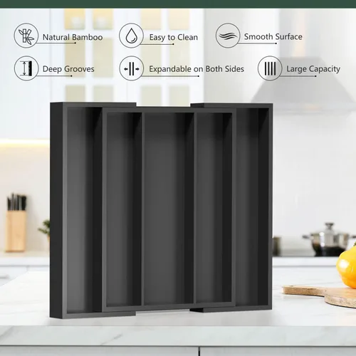 Vista 3 de Organizador de utensilios de cocina, bandeja de cubiertos – Organizador de cubiertos de bambú expandible, 5 ranuras, organizador de cubiertos Negro