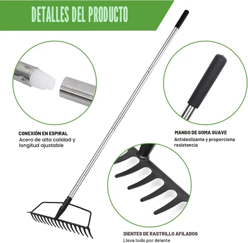 Vista 3 de YEELOR Rastrillo de jardín, rastrillo de arco resistente de 16 dientes con mango de acero inoxidable ajustable, rastrillo de metal para trabajo