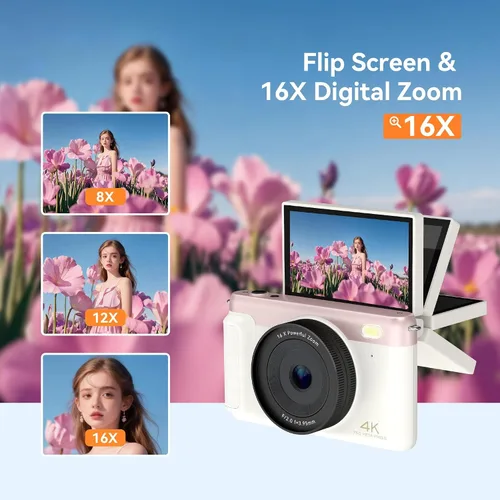 Vista 3 de 4K Digital Camera Vlogging Camera for Travel Point and Shoot 75MP Photo Resolution, 4K 30FPS Video, 3-Inch Flip IPS Screen, 2500mAh Battery, 32GB