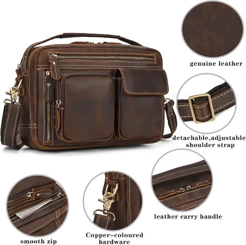 Vista 4 de Bolso bandolera de cuero para hombre, 11 pulgadas, bolso para computadora portátil, estilo vintage, de grano completo, para trabajo, viajes