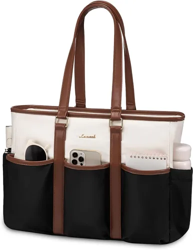 Vista 26 de LOVEVOOK bolso tote vintage para laptop para mujer, Beige-Negro, 15,6 pulg., Moda