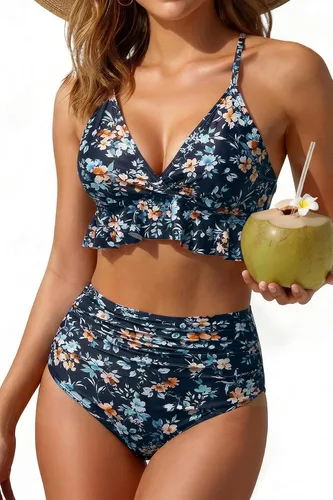 Vista 23 de Tempt Me - Traje de baño de dos piezas para mujer, bikini de cintura alta con volantes y control de abdomen Rojo neón