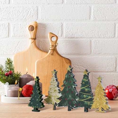 Vista 6 de 3 carteles de árboles de Navidad con bloques de madera de sonrisa Decoraciones de bandeja escalonada de nieve, para estante de mesa para el hogar