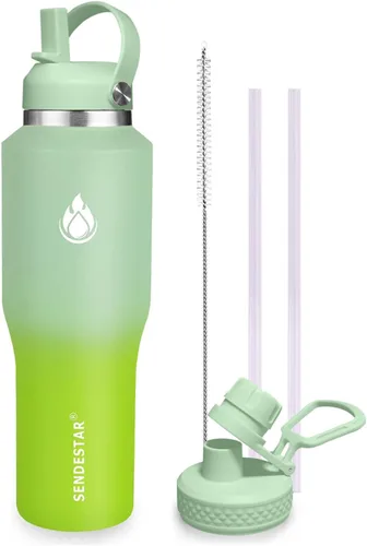 Vista 10 de SENDESTAR - Botella de agua de 0,9 L, 2 tapas (tapa con pajita), boca ancha de acero inoxidable aislada al vacío, doble pared, mantiene los líquidos