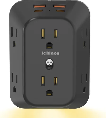 Vista 12 de JcBlaon Protector de sobretensiones extensor de salida, divisor de 6 salidas con 4 puertos USB (2 USB C), adaptador de pared de 4 lados 1050 J