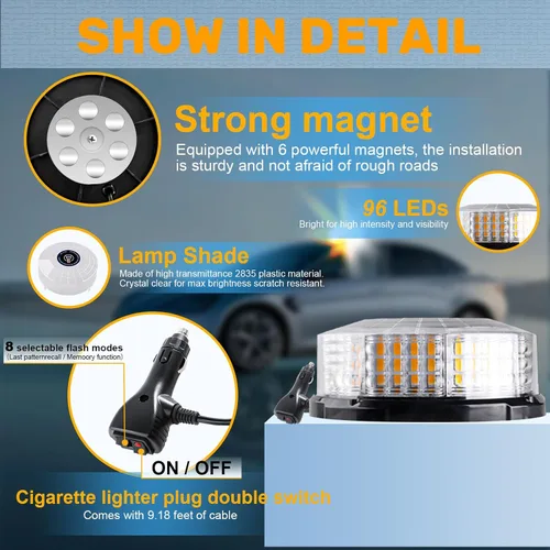 Vista 4 de 1 pieza Luz de baliza estroboscópica LED, luz de advertencia de seguridad intermitente magnética para vehículos, camiones, montacargas, tractores