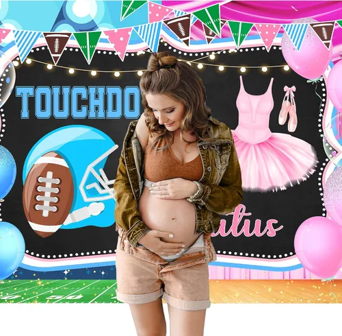 Vista 2 de Touchdowns o tutus Gender Reveal telón de fondo 7 pulgadas de ancho x 5 pies de alto, tela de poliéster, rosa, azul, fútbol americano, anuncio