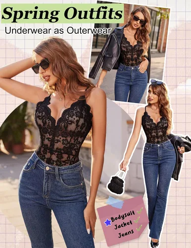 Vista 8 de Avidlove - Body de encaje sexy, lencería de una pieza para mujer, con escote en V profundo