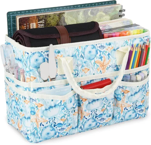 Vista 14 de Bolsa de mano organizadora de manualidades con múltiples bolsillos, gran caddy de almacenamiento de arte con asas para arte, manualidades, costura