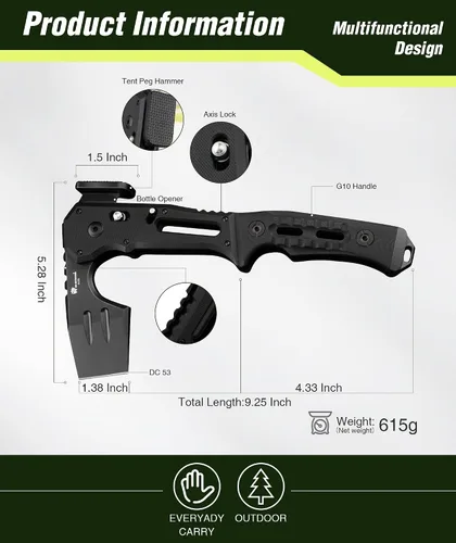 Vista 4 de HX Outdoors - Hacha táctica plegable de supervivencia multiherramienta, hoja de acero DC53 con titanio negro, hacha de camping con martillo