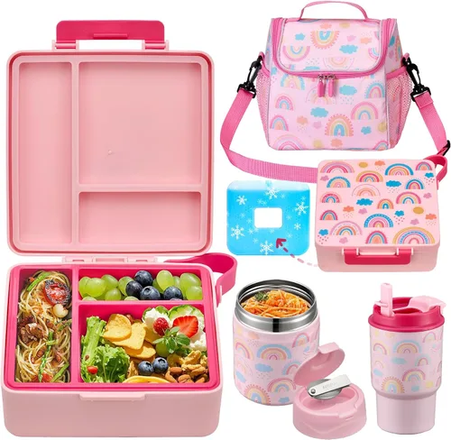 Vista 9 de Lonchera Bento para niños con termo de sopa de 17 onzas, botella de agua aislada y bolsa de almuerzo aislada, a prueba de fugas, contenedor