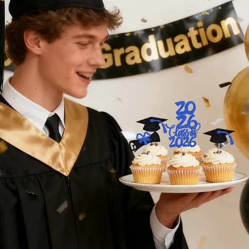 Vista 7 de 24 piezas 2026 temáticas de graduación 2026 decoraciones para cupcakes con purpurina clase de 2026 Diploma Congrats 2026 Tapa de graduación