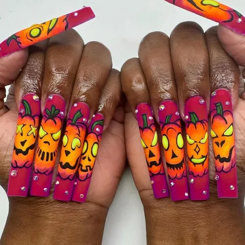 Vista 18 de IMSOHOT Uñas postizas, acrílicas de color naranja mate, puntas francesas cuadradas, 24 unidades, uñas extra largas con pegamento con bonitos diseños