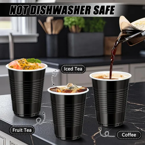Vista 8 de Paquete de 100 vasos desechables de plástico negro de 12 onzas, vasos resistentes para beber para degustación de cerveza servir aperitivos