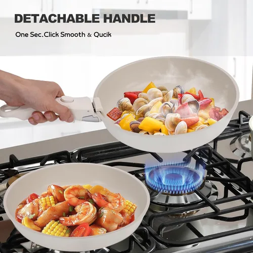Vista 4 de Juego de 20 ollas y sartenes de cerámica antiadherentes, juego de utensilios de cocina con asas desmontables, apto para horno, listo para inducción
