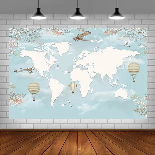 Vista 3 de Sendy Fondo de viaje de 7 x 5 pies, decoración de fiesta de baby shower, mapa del mundo alrededor del mundo, aventura espera avión, cumpleaños