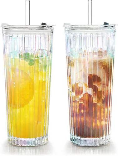 Vista 11 de Puraville Paquete de 2 vasos de vidrio de 18 onzas con tapas y pajitas, cristalería gruesa con patrón de diamante vintage para whisky, cóctel