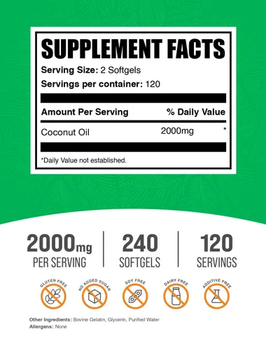 Vista 2 de BulkSupplements Cápsulas blandas de aceite de coco, aceite de coco prensado en frío para el cabello y la piel, suplemento de hierbas - Sin