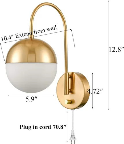 Vista 5 de Lámpara de pared moderna de mediados de siglo con interruptor, lámpara de pared dorada con acabado de latón, lámpara de pared con globo de vidrio