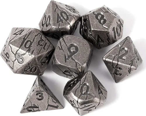 Vista 2 de Dados de metal con ruinas de hierro agrietado + dados de metal dorado con grietas azules