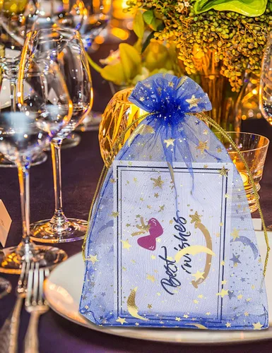 Vista 7 de Jexila 100 bolsas de regalo de organza azul con estrella lunar, 4 x 6 pulgadas, bolsa pequeña de malla con cordón para regalos, joyas, bolsitas